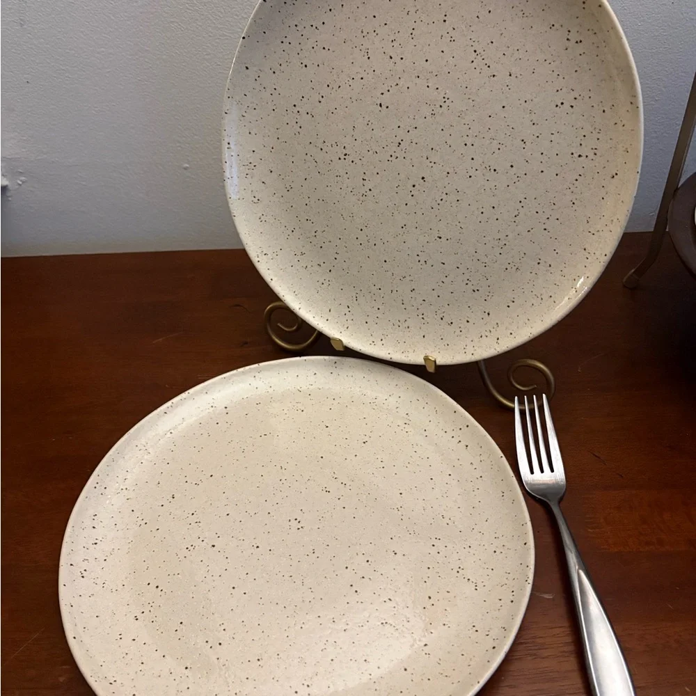 Crate&Barrel Speckled Cream Dinner Plates Pattern WILDER Set of 2